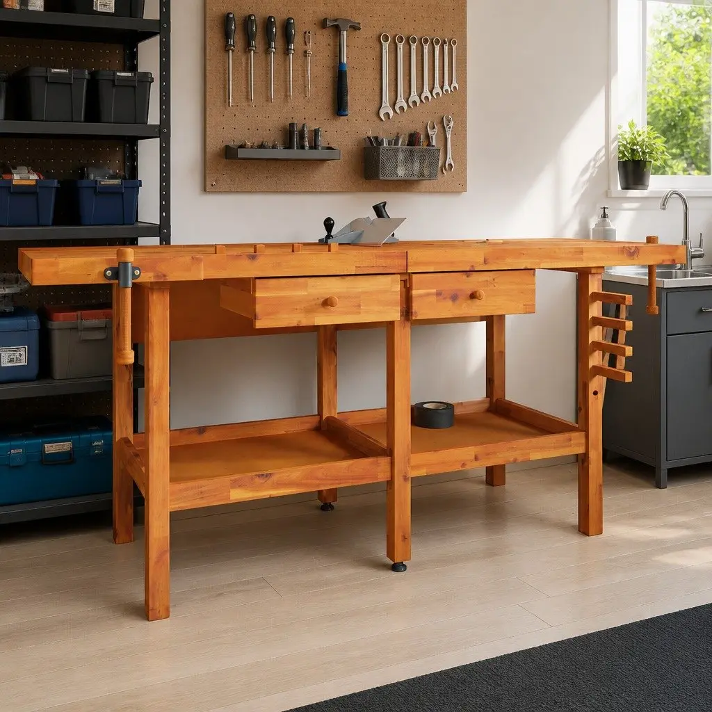 Solid Wood Workbench with Storage and Vices
