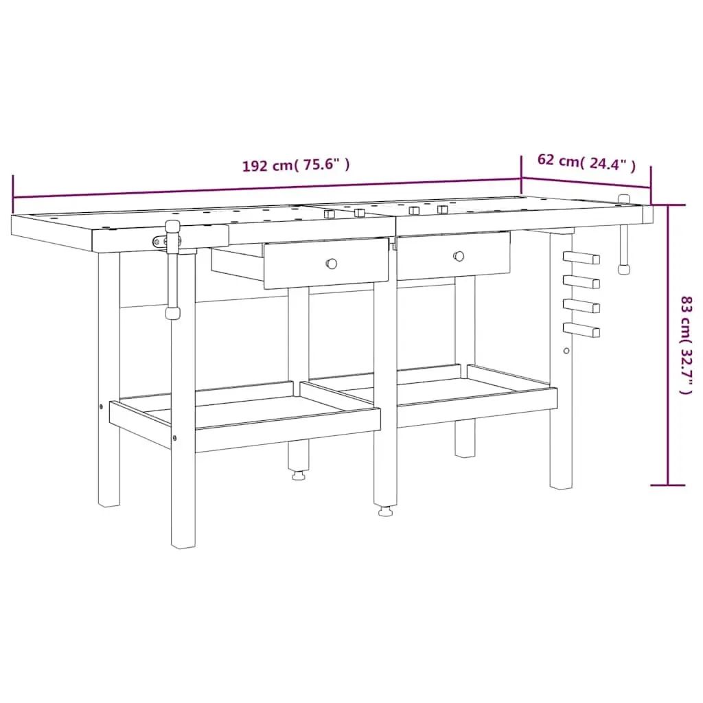 Solid Wood Workbench with Storage and Vices