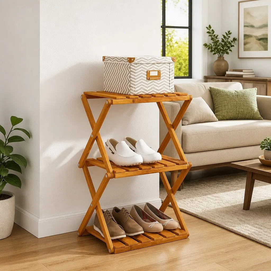 3-Tier Folding Shelf Brown Wood Standing Storage Bookcase Display Rack Unit