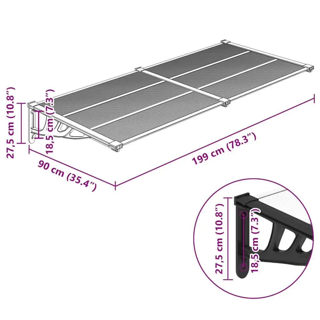 Door Canopy Polycarbonate 199x90cm Transparent Outdoor Porch Weather Shield Awning