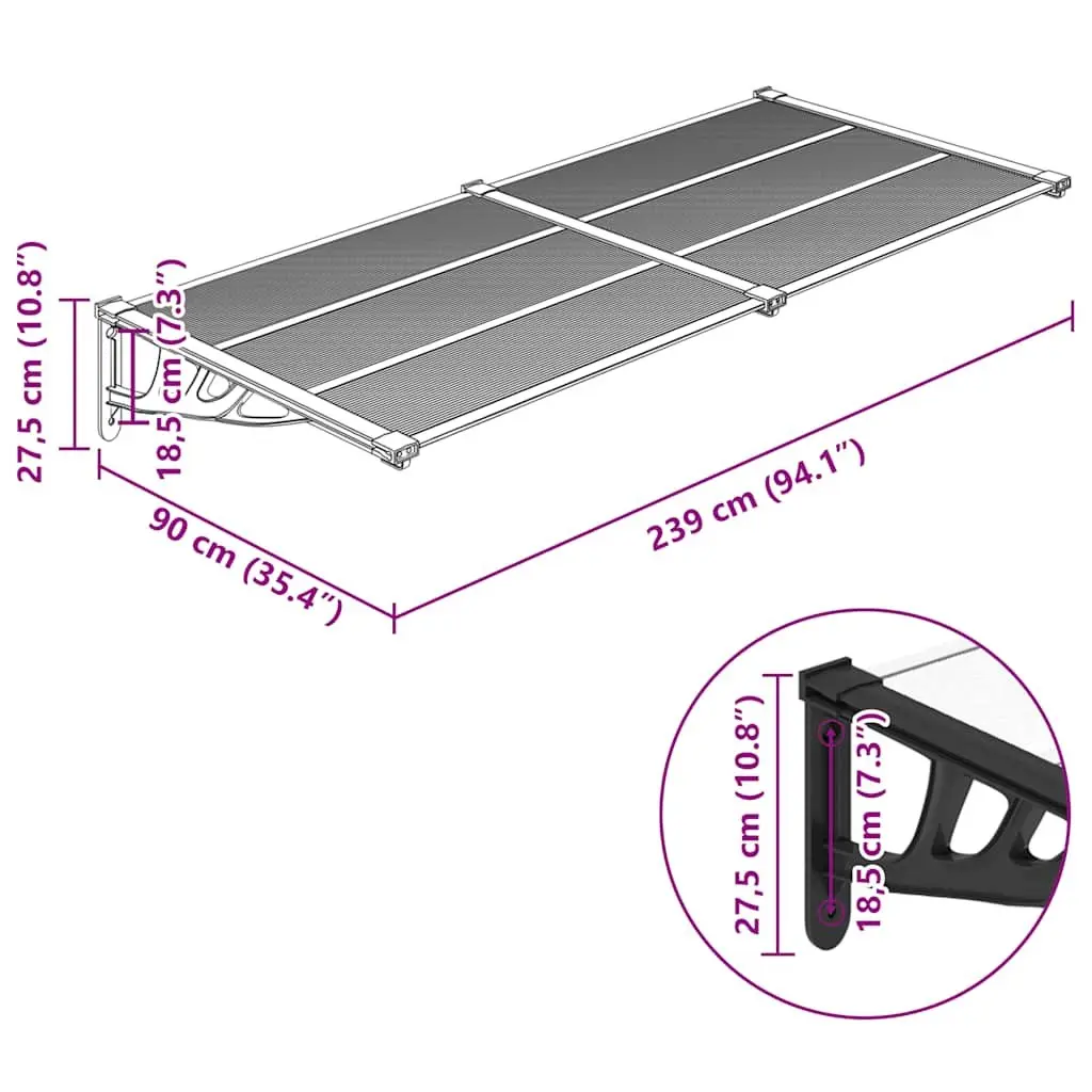 Door Canopy Polycarbonate Black Transparent 239x90cm Porch Awning Weather Shield
