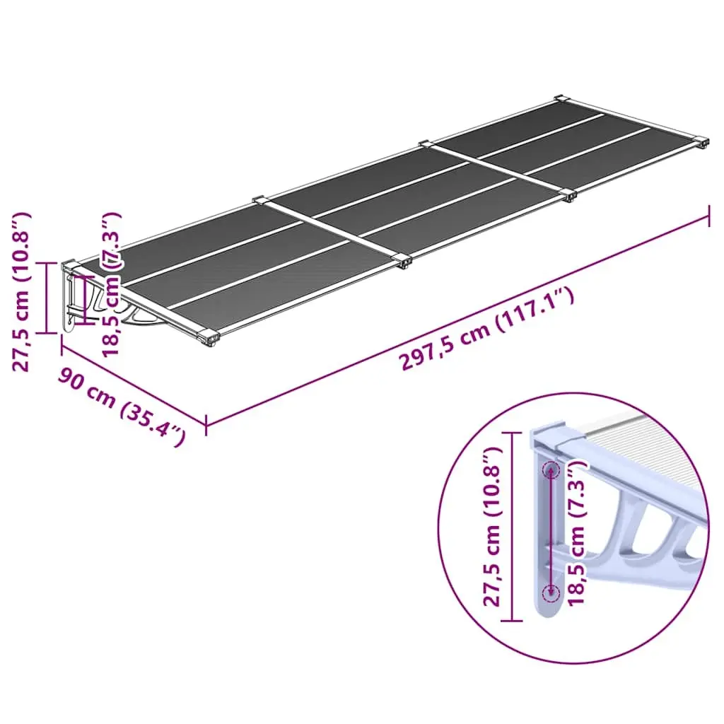 Door Canopy Polycarbonate 297.5x90 cm Grey Transparent