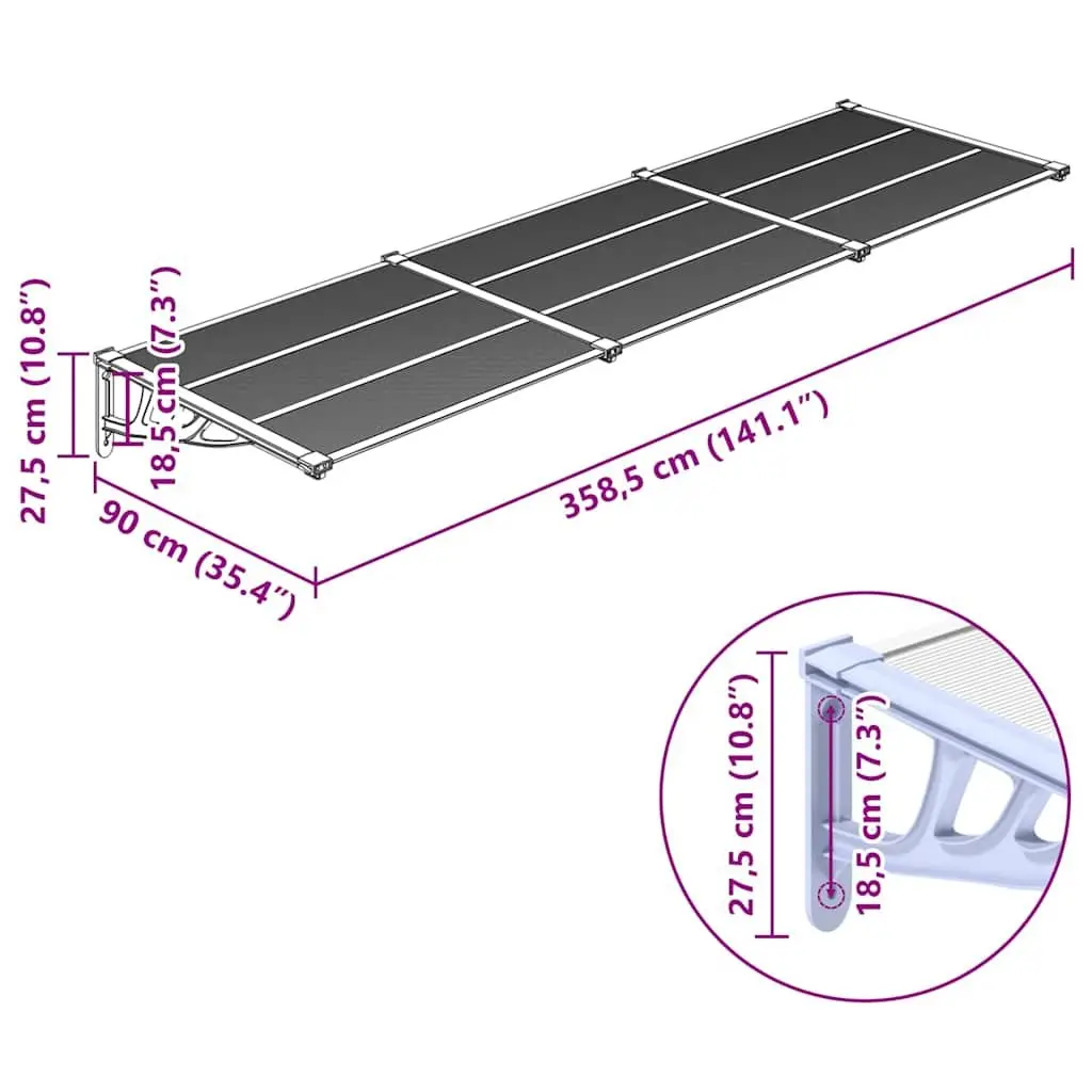 Grey Transparent Door Canopy 358.5x90cm Awning