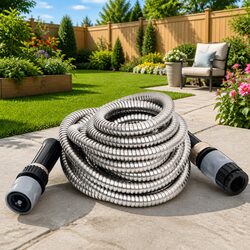 Garden Hose 15m Silver Spray Nozzle 8-Function Watering Irrigation Stainless