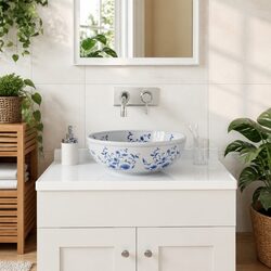 Stylish Round White and Blue Ceramic Countertop Basin