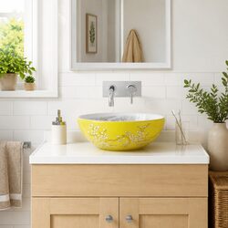 Ceramic Round Bathroom Sink Vessel in White and Yellow