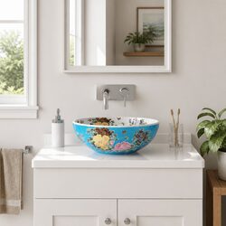Ceramic Countertop Basin Round Bathroom Sink Bowl Blue Vessel 41x14cm