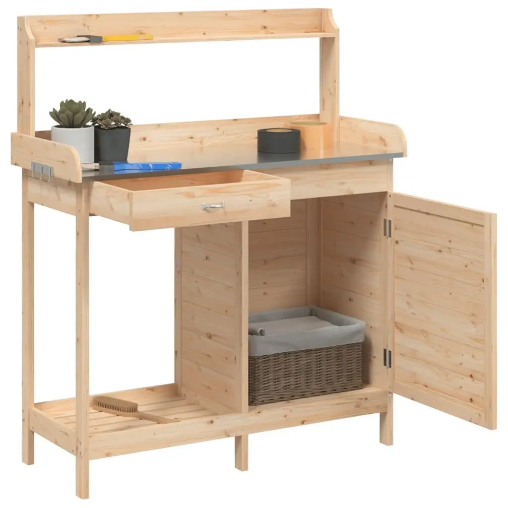Potting Table with Storage and Hooks in Brown