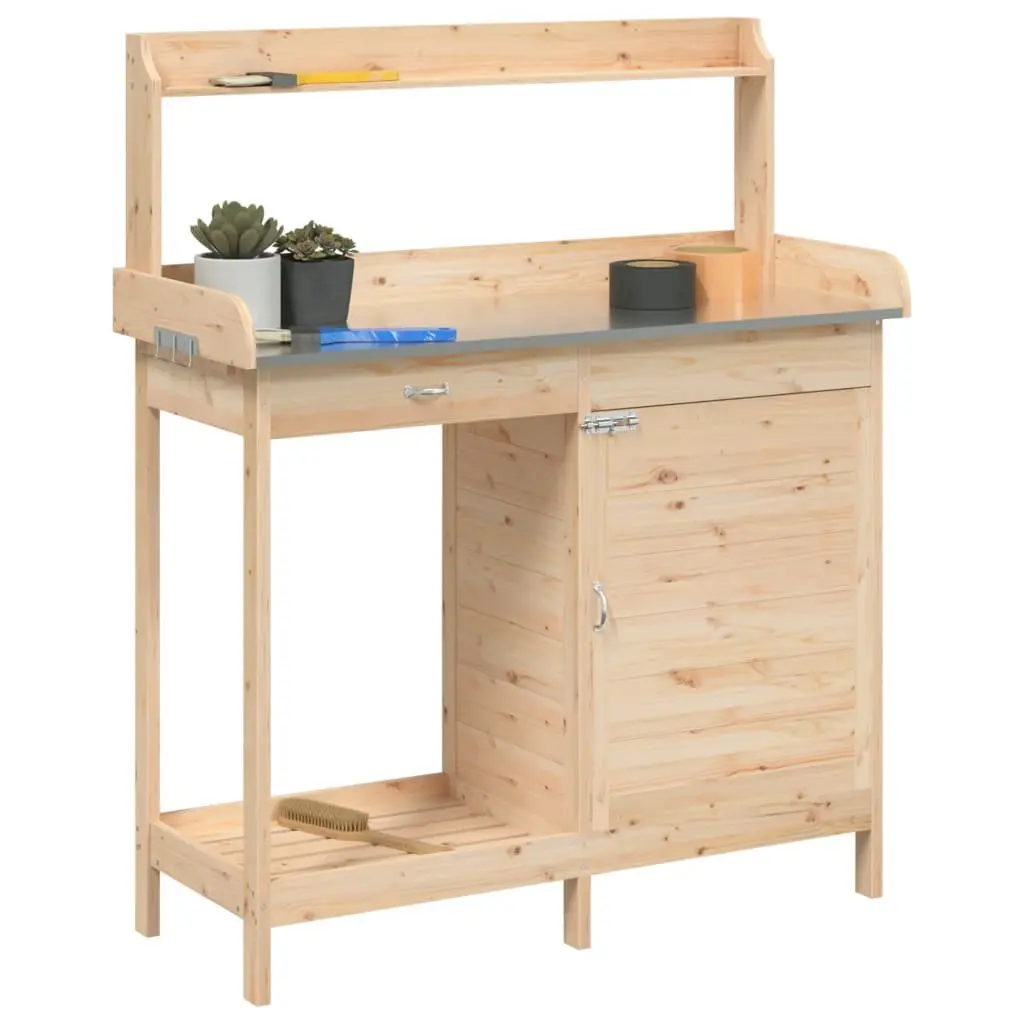 Potting Table with Storage and Hooks in Brown