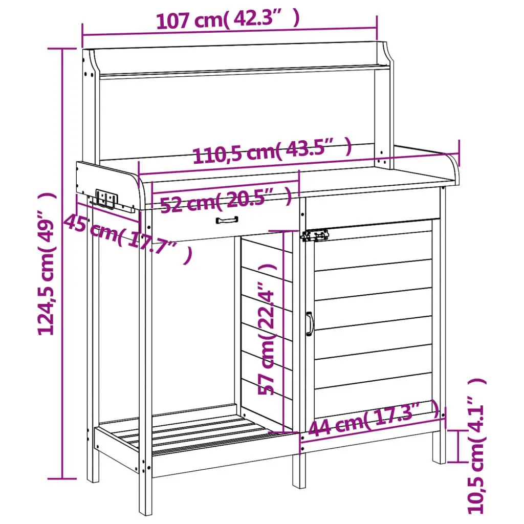 Potting Table Solid Wood Fir Brown 110.5x45x124.5 cm with Cabinet