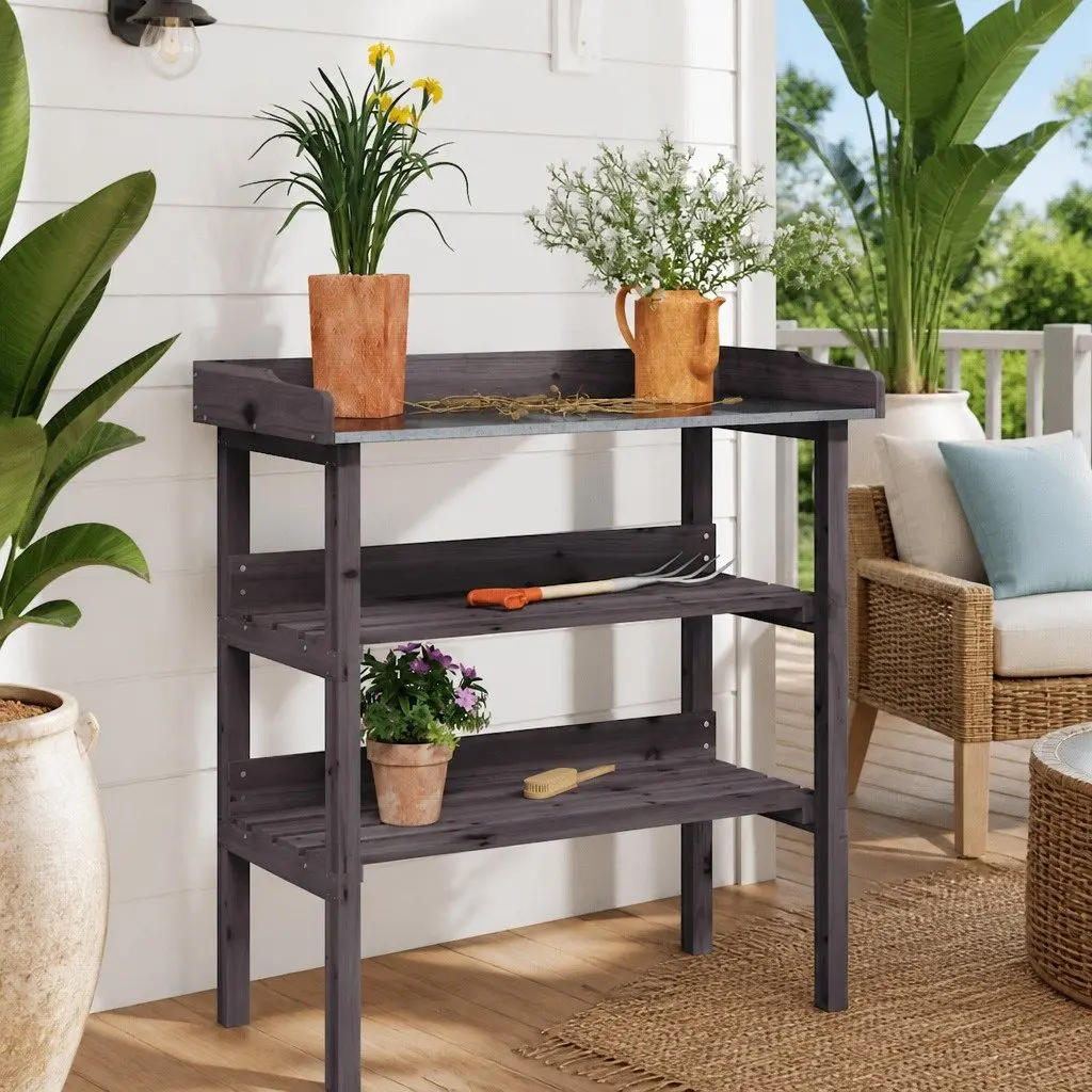 Grey Solid Wood Fir Plant Table with Shelves