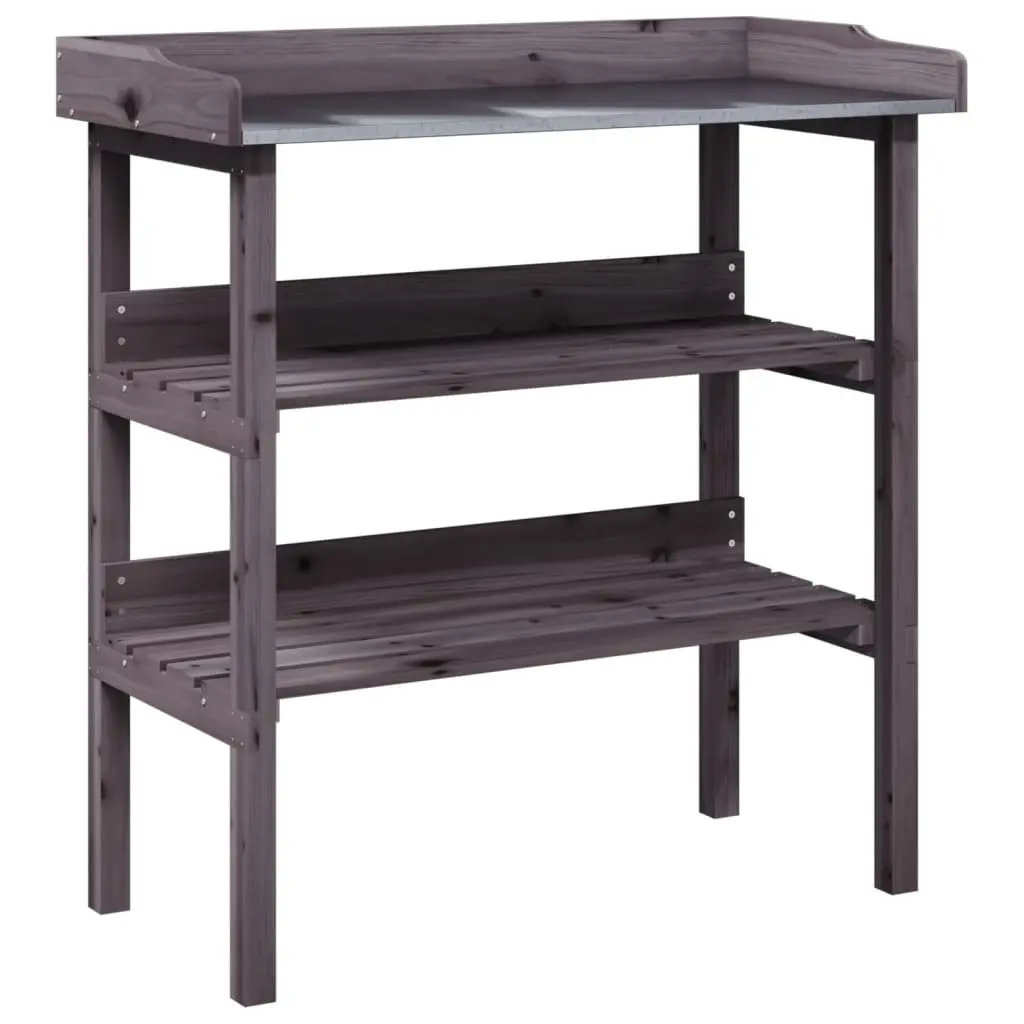Grey Solid Wood Fir Plant Table with Shelves