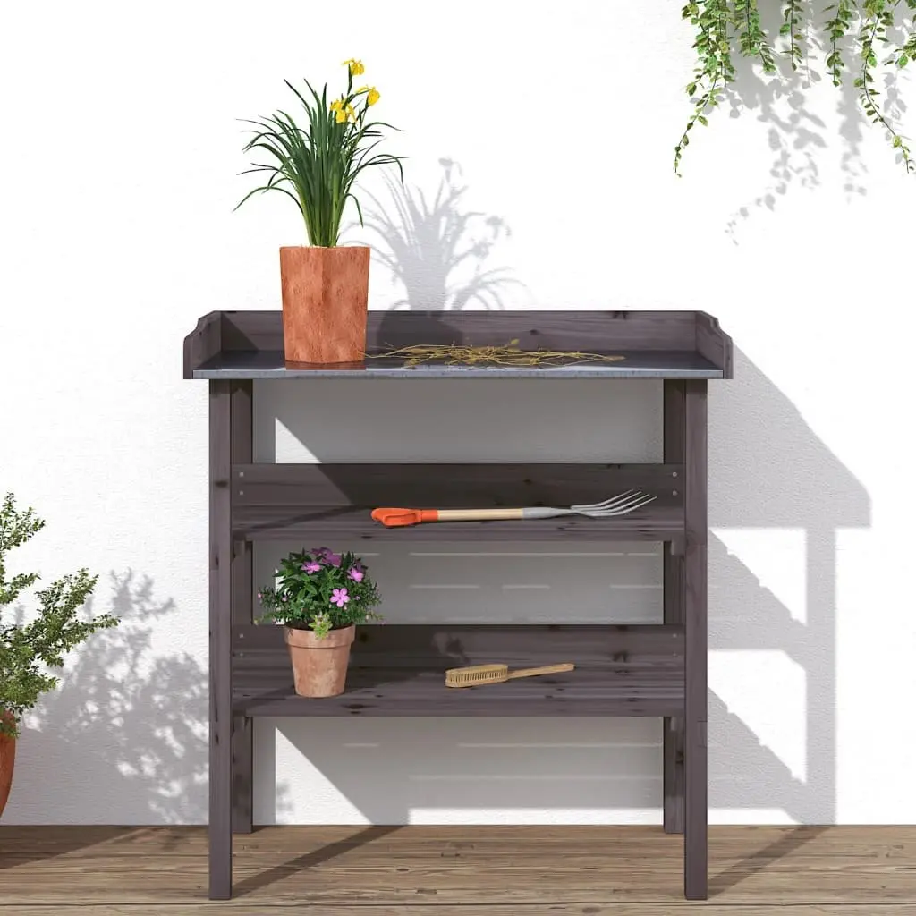 Grey Solid Wood Fir Plant Table with Shelves