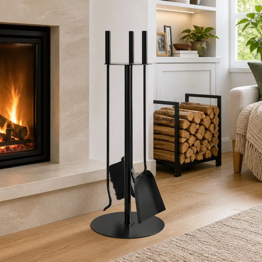 4-Piece Steel Fireplace Tool Set with Rack