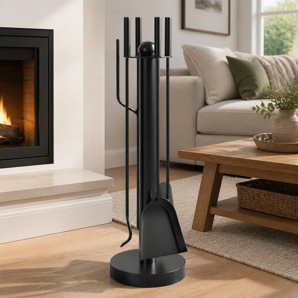 5 Piece Black Steel Fireplace Tool Set