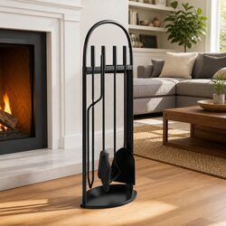 5-Piece Black Steel Fireplace Tool Set with Rack