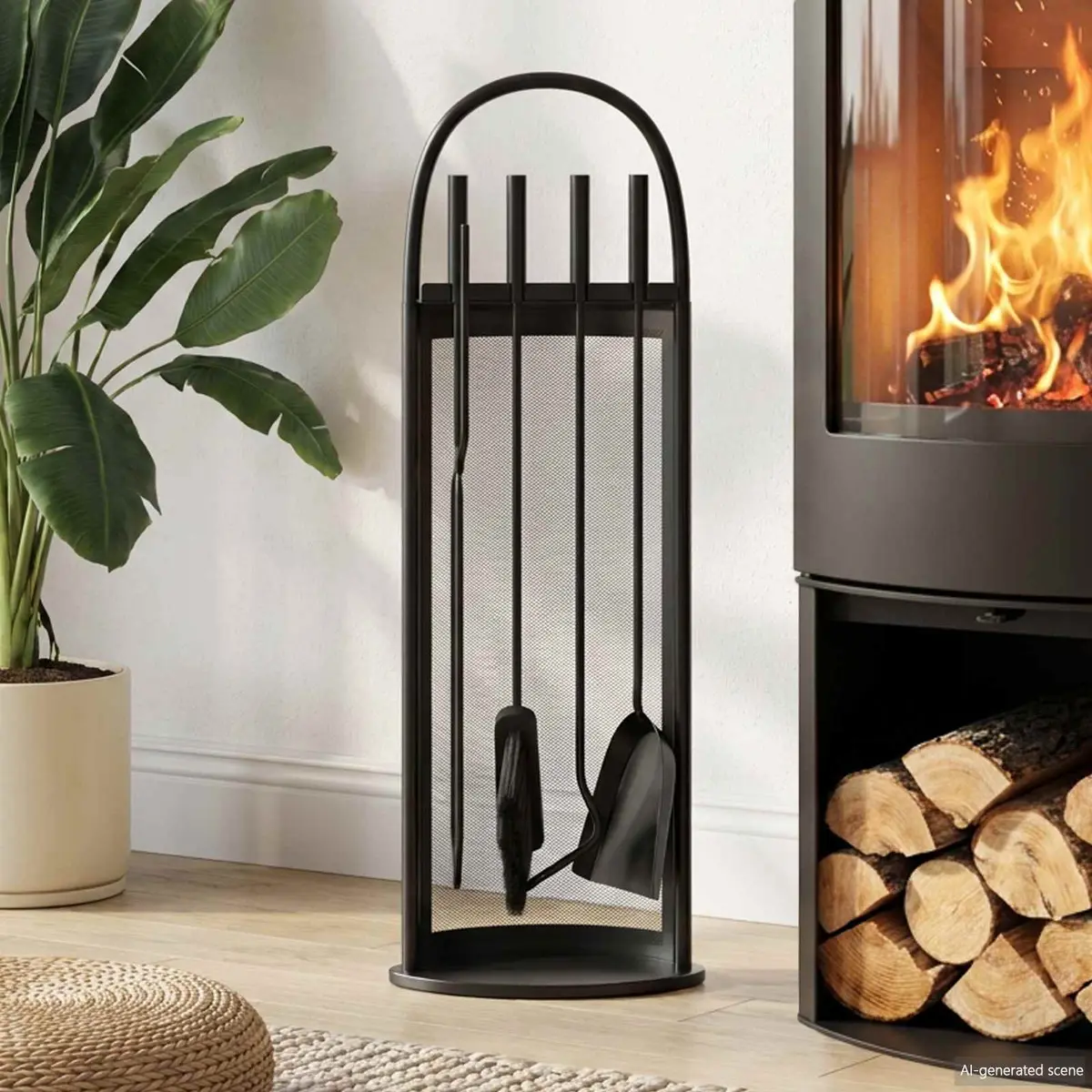 5-Piece Black Steel Fireplace Tool Set with Rack