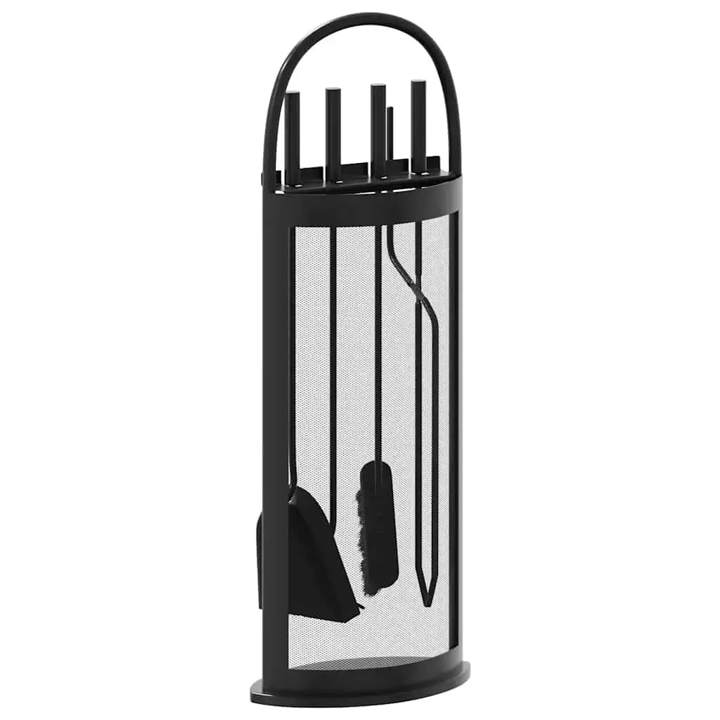 5-Piece Black Steel Fireplace Tool Set with Rack