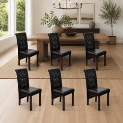 Set of 6 Brown Faux Leather Dining Chairs with Wood Legs