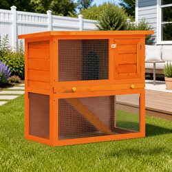Durable Wooden Rabbit Hutch with Iron Wire Mesh - Brown