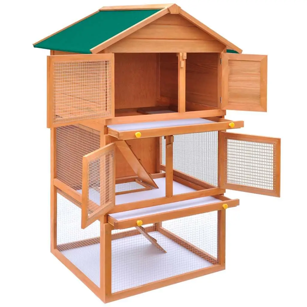 Rabbit Hutch Wood 3 Layer Brown Small Animal Cage Outdoor Enclosure