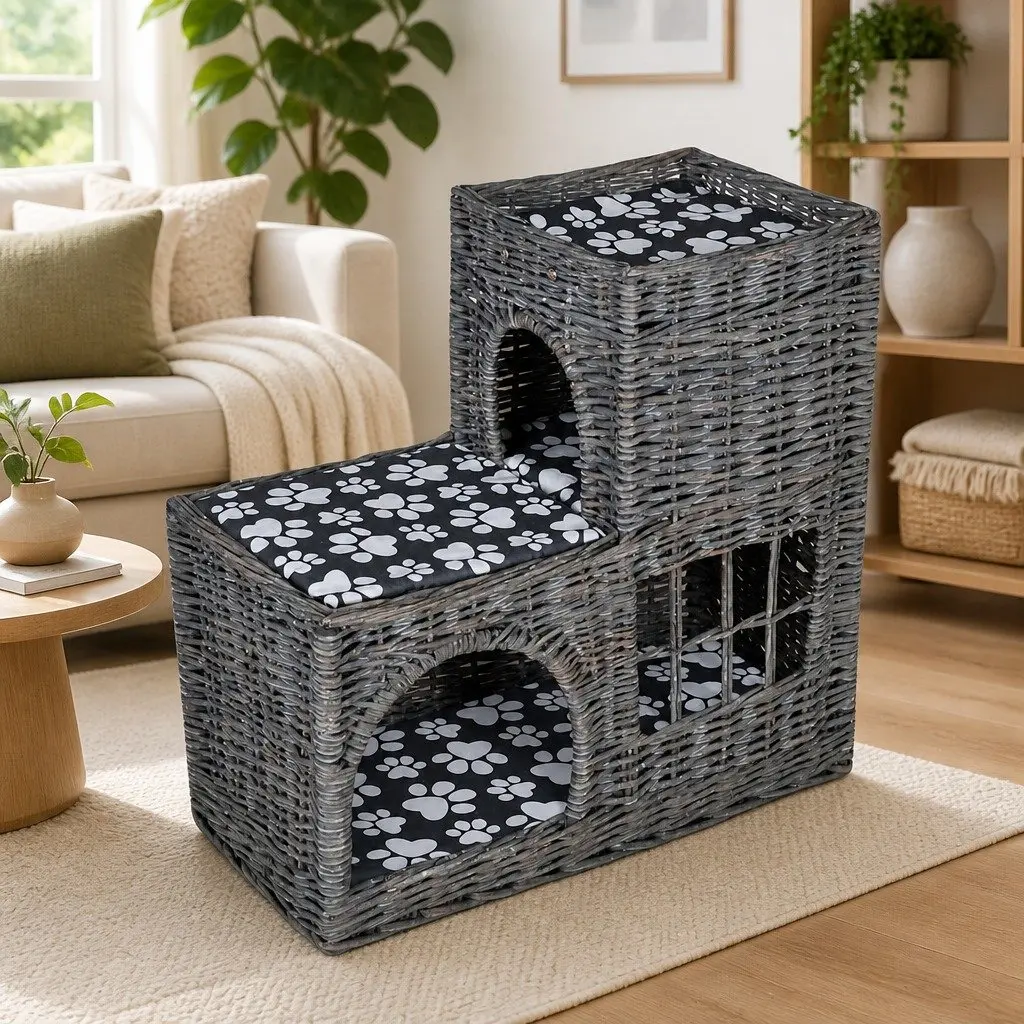 Willow Woven Cat House with Cushions