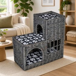 Cat Tree Willow Woven Pet House Bed Castle Scratching Post Cushion Grey