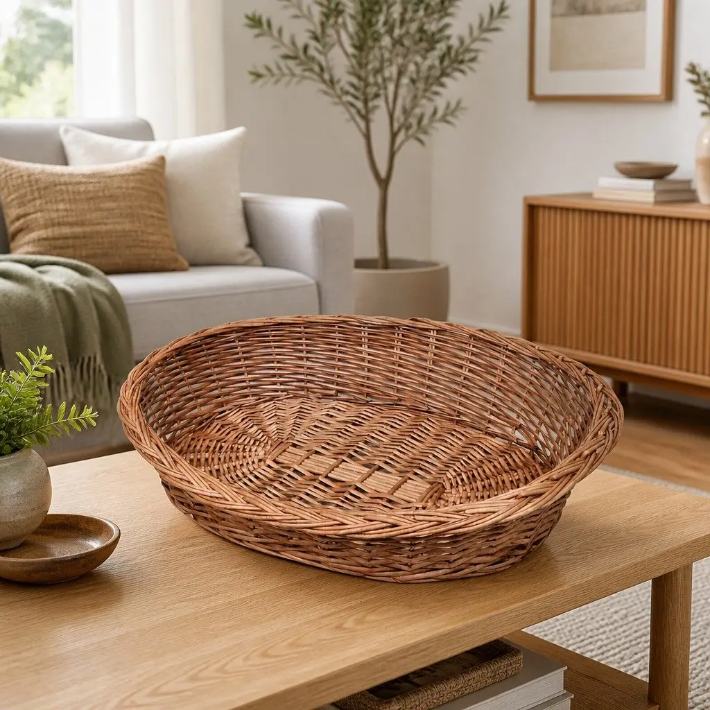 Dog Basket Pet Bed 90cm Willow Woven Brown Natural Indoor Outdoor Sleep Rest