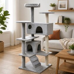 Cat Tree Grey 125cm Tall Multi-Level Play Centre Sisal Scratching Posts Climbing