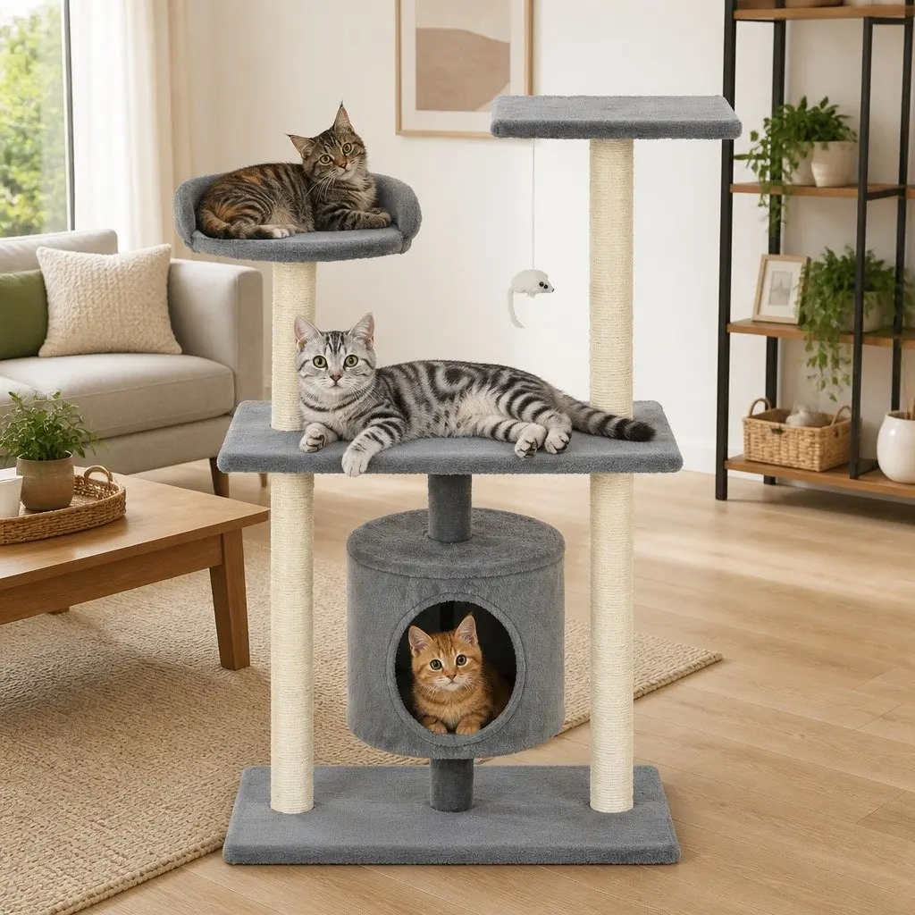 Grey Cat Tree with Multi-Level Scratching Posts