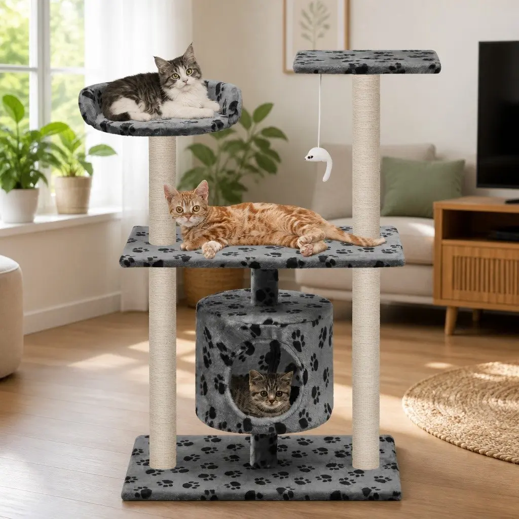 Grey Cat Tree with Multi-Level Scratching Posts
