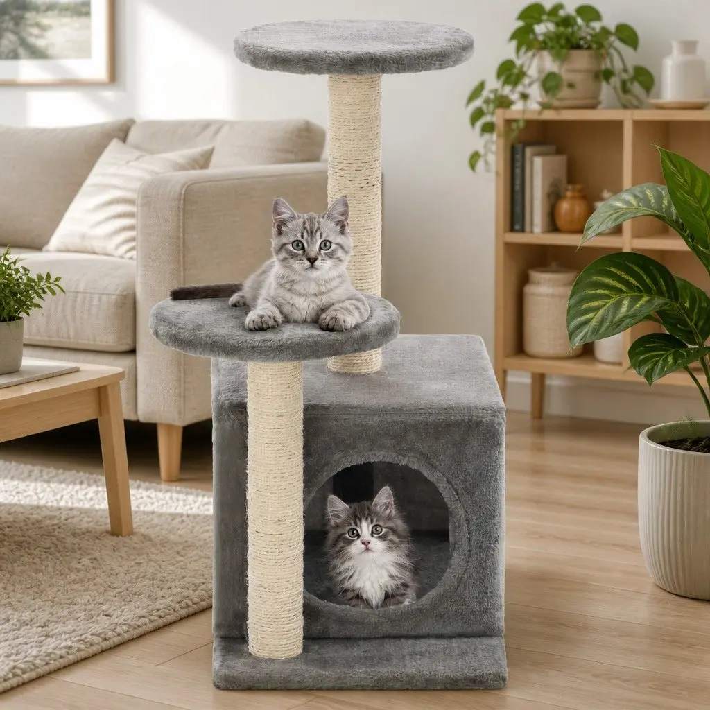 Grey Plush Cat Tree with Scratching Posts 60cm