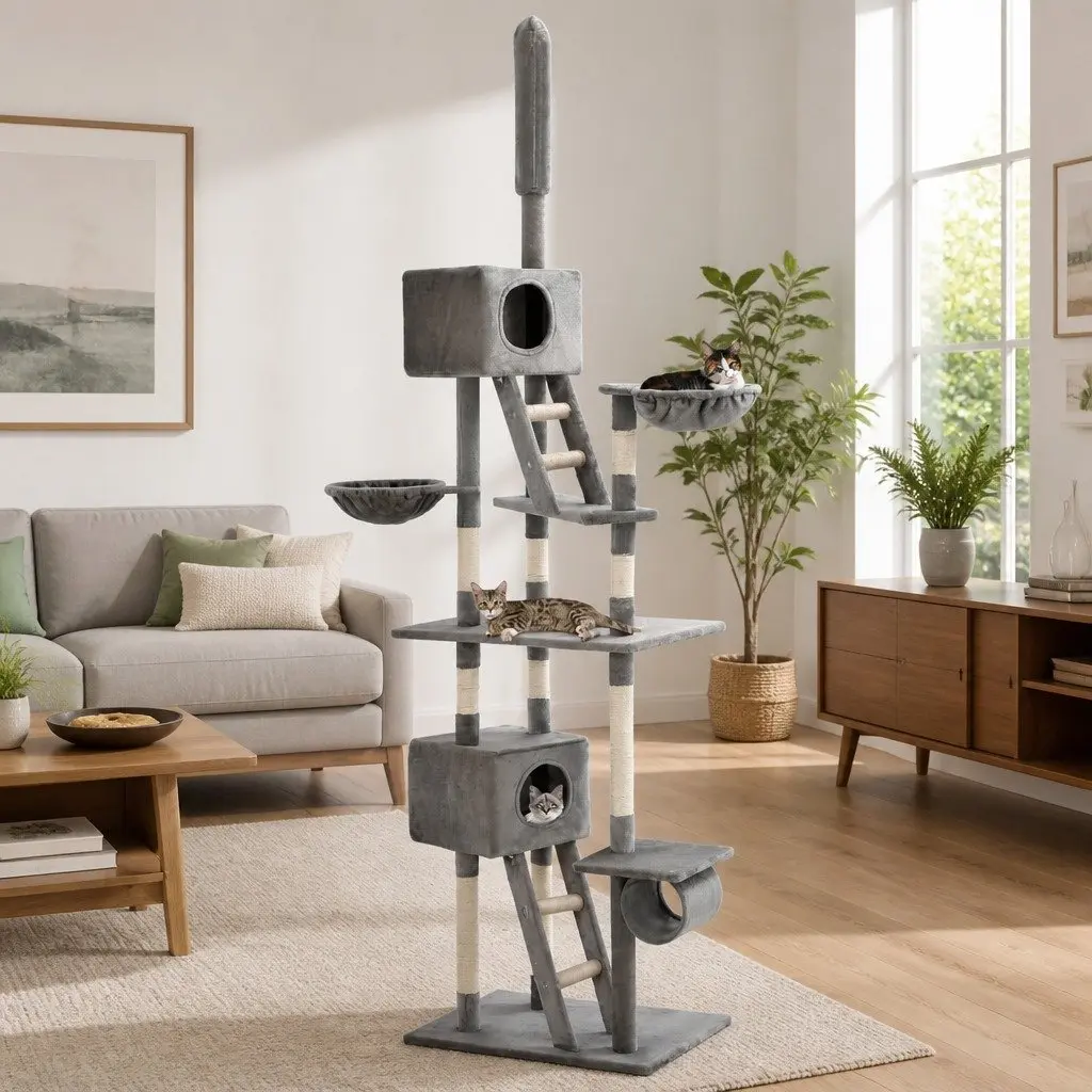 Multi-Level Grey Cat Tree with Sisal Rope Scratching Posts