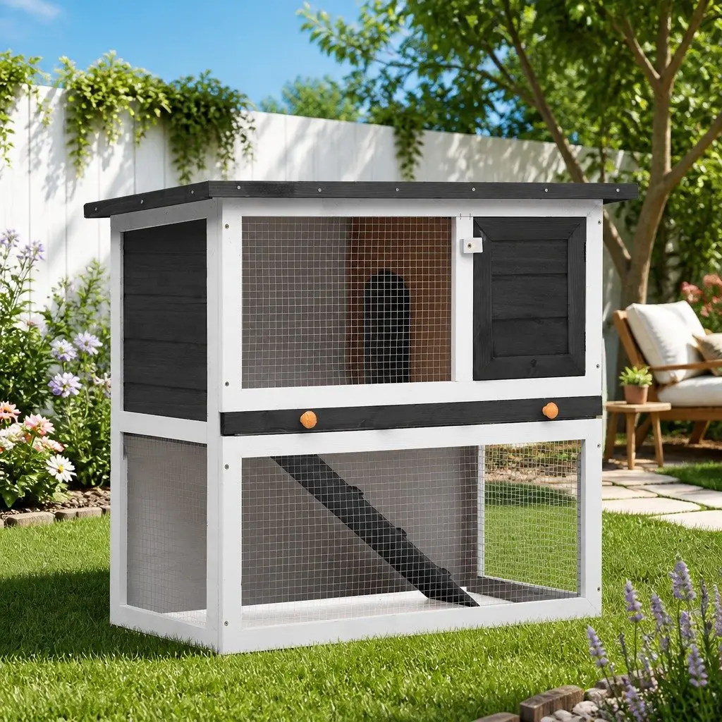 Grey Wooden Rabbit Hutch for Small Animals
