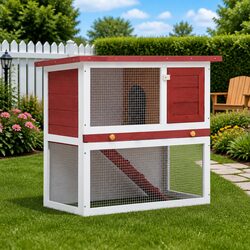 Quality Wooden Rabbit Hutch with Ramp and Red Finish