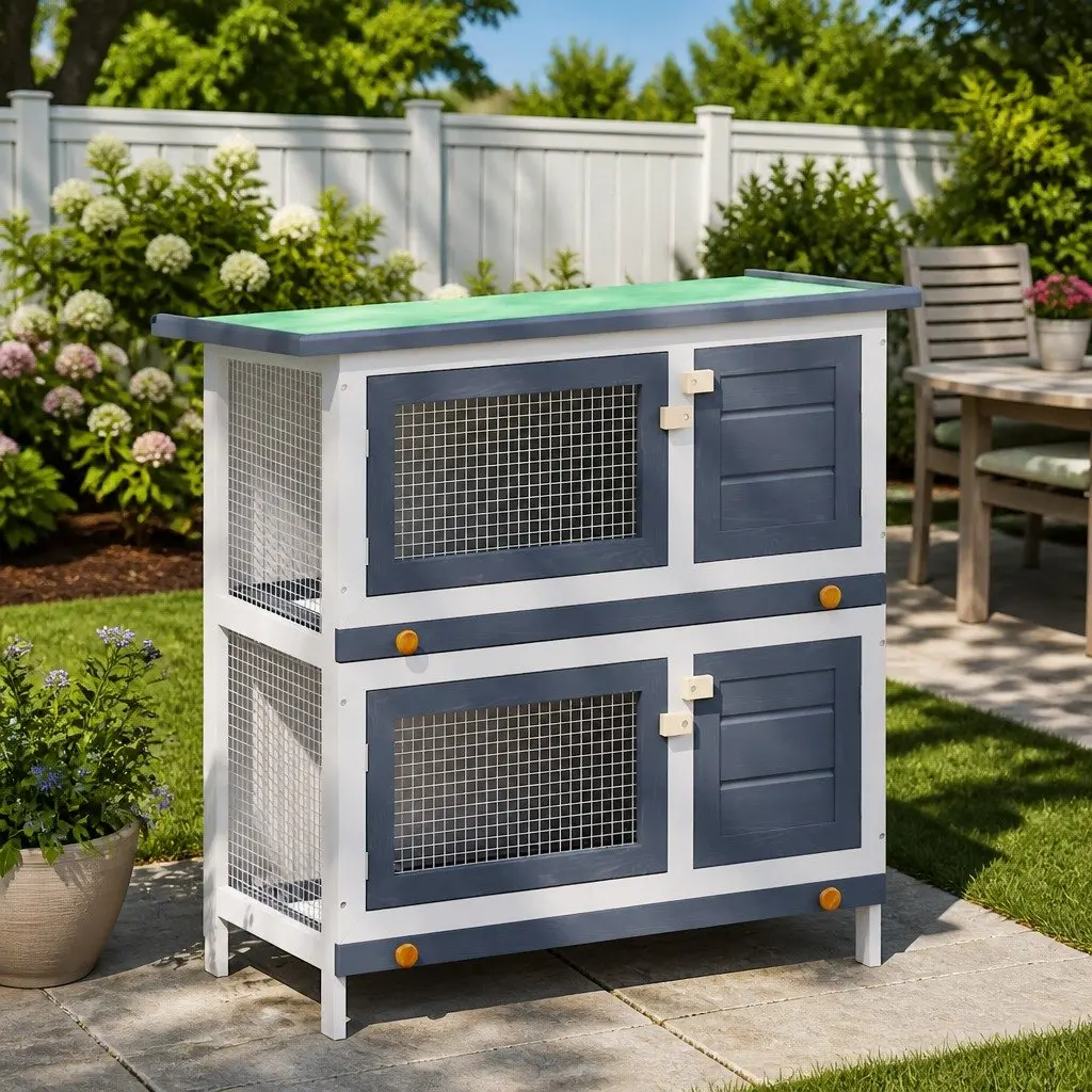 Rabbit Hutch Wooden 2 Layer Outdoor Small Animal Cage Grey