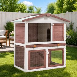 Sturdy 2-Layer Brown Wood Rabbit Hutch with 3 Doors