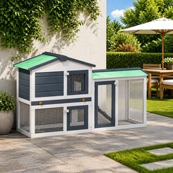 Spacious 2-Layer Wooden Rabbit Hutch in Grey and White