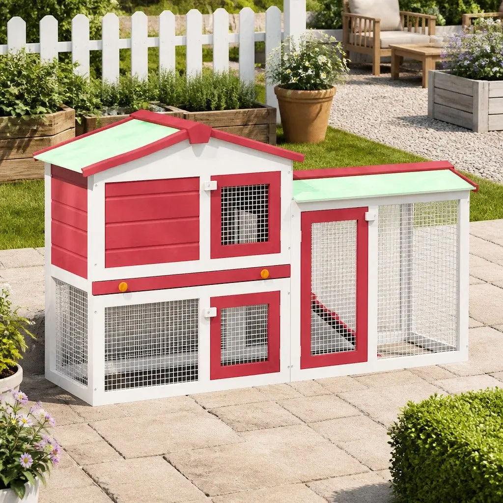 Rabbit Hutch Wooden 2 Layer 145x45x84cm Red White
