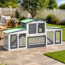 Two Layer Wooden Rabbit Hutch with Secure Run in Grey