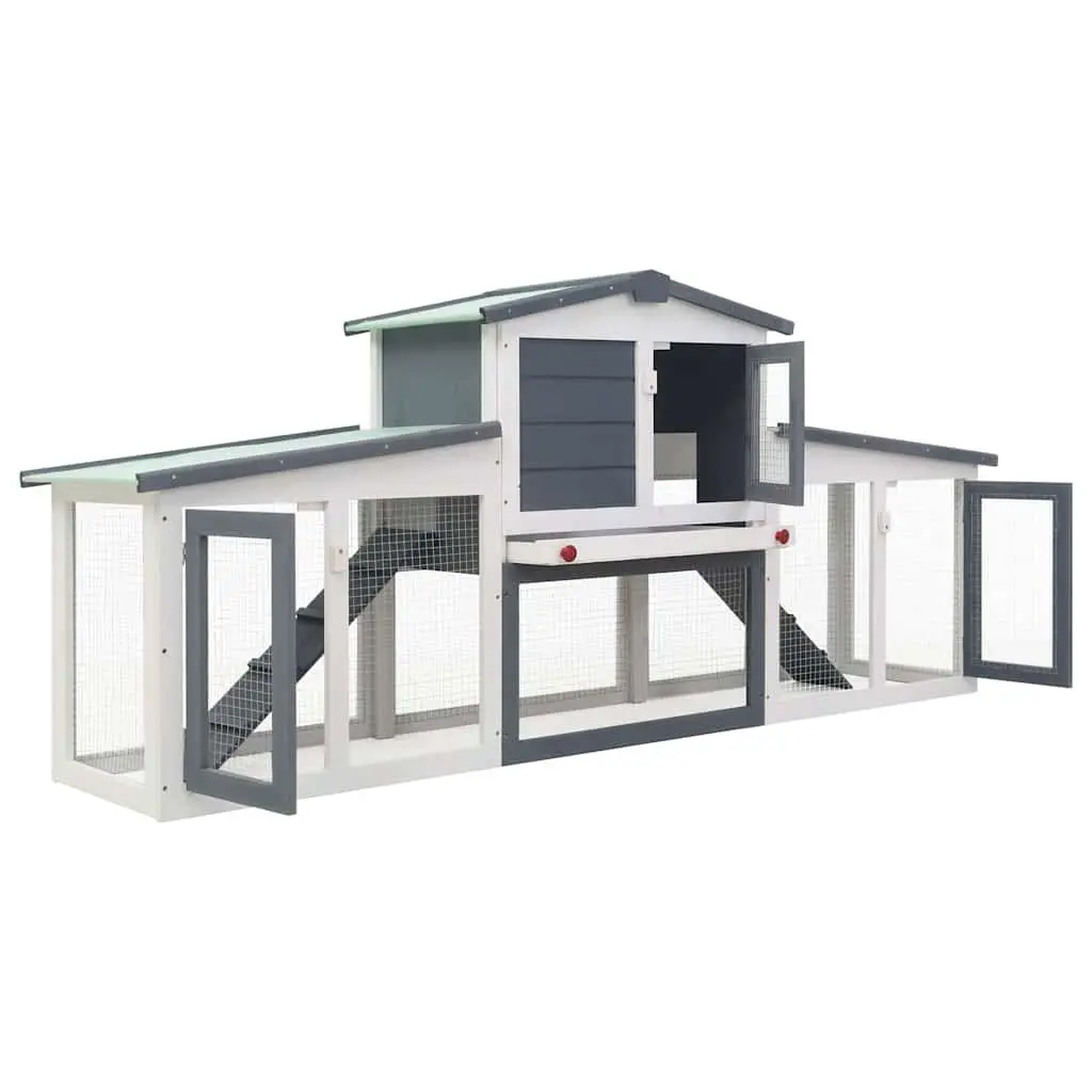 Two Layer Wooden Rabbit Hutch with Secure Run in Grey