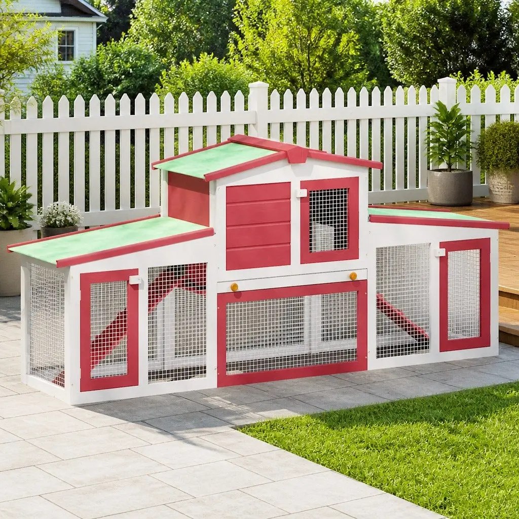 Outdoor Rabbit Hutch Wooden Cage 2 Tier Red
