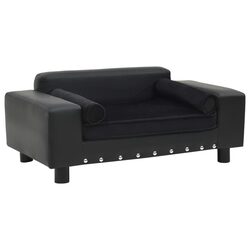 Premium Black Plush Faux Leather Dog Sofa for Small Pets