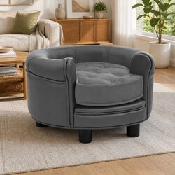 Grey Plush Faux Leather Dog Sofa with Wooden Frame