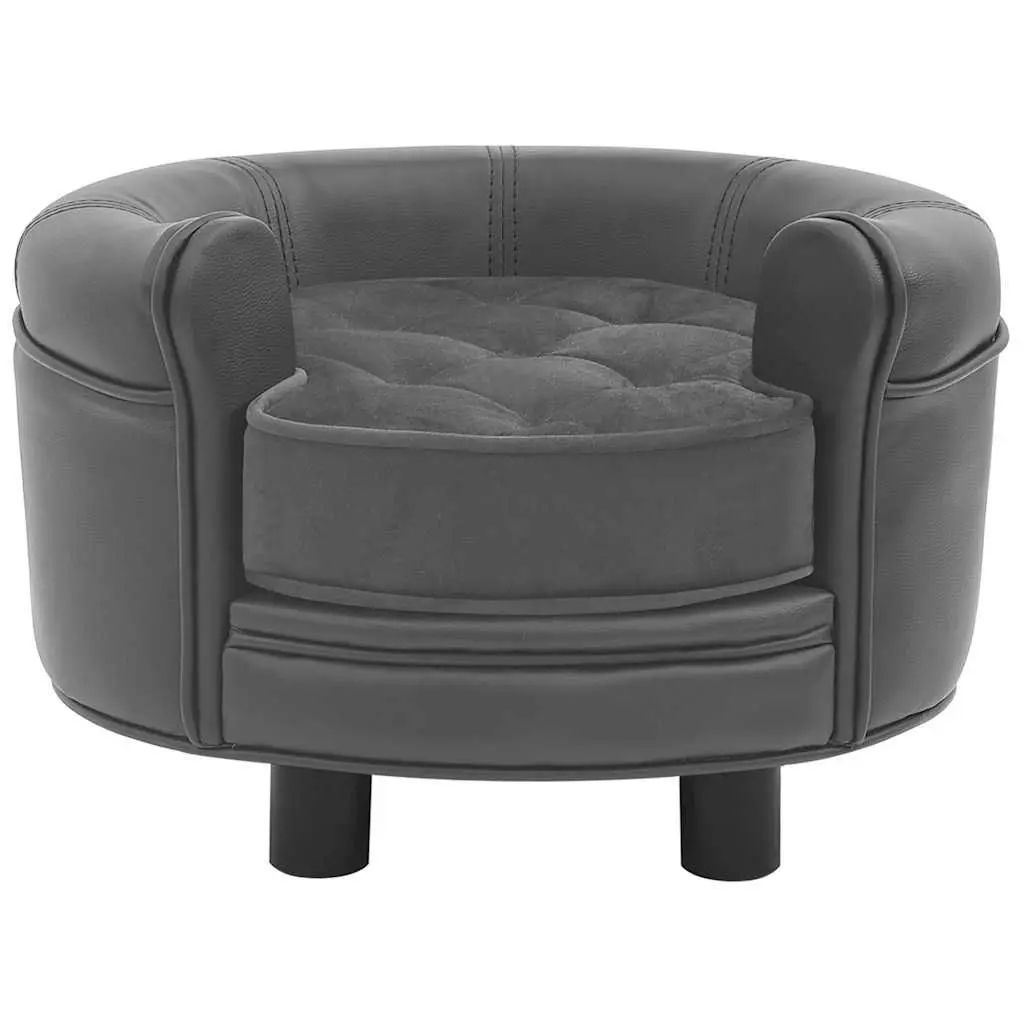 Grey Plush Faux Leather Dog Sofa with Wooden Frame
