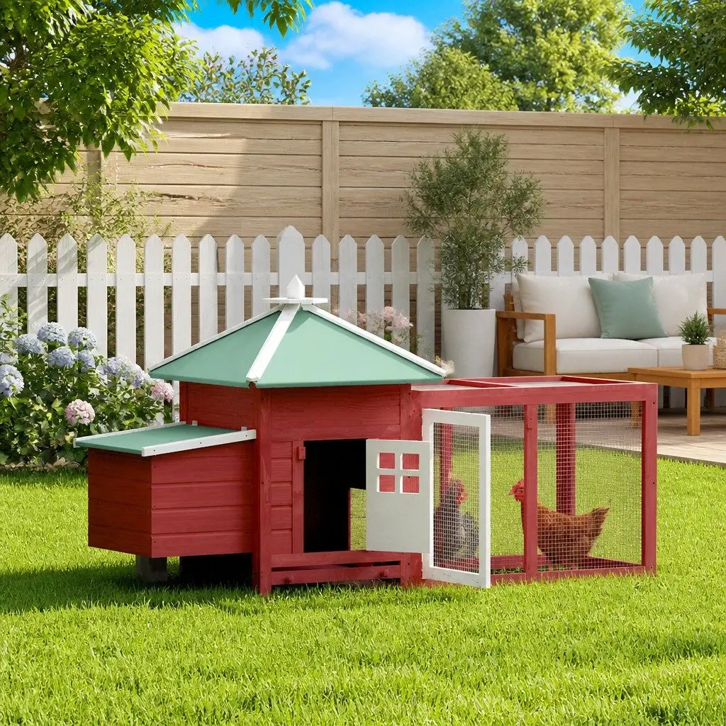 Red Wooden Chicken Coop with Nesting Box