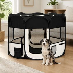 Durable Foldable Dog Playpen with Carry Bag - Black 90x90x58cm