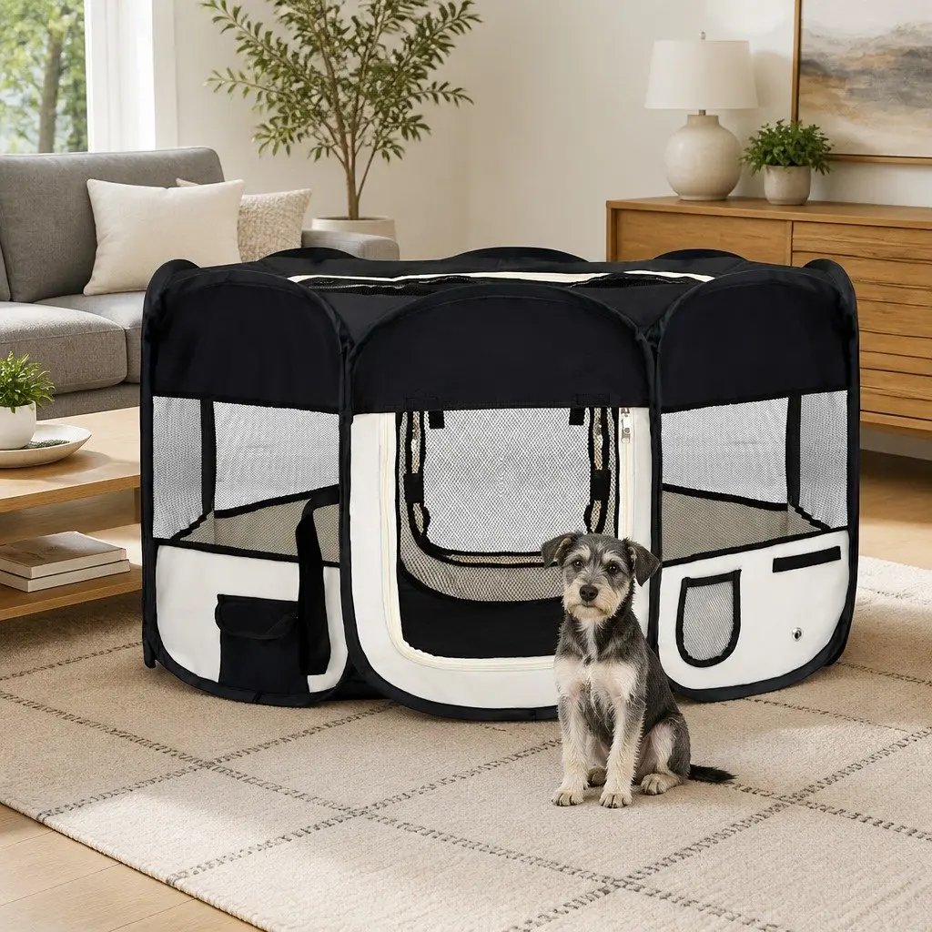 Foldable Dog Playpen with Steel Frame and Mesh Roof