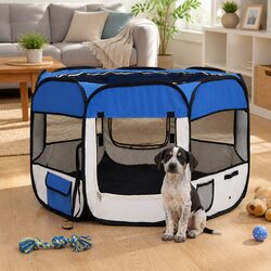 Durable Blue Foldable Dog Playpen with Carrying Bag 90x90x58cm