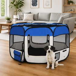 Durable Foldable Dog Playpen with Carrying Bag Blue 110x110x58 cm